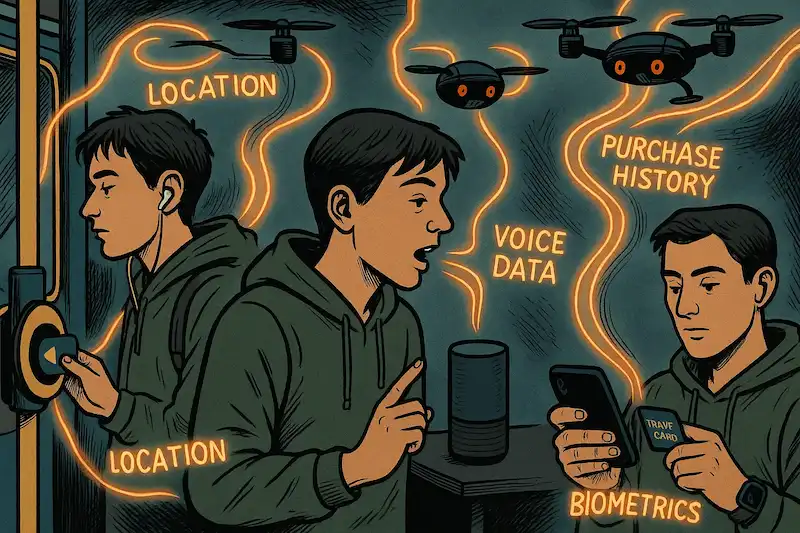 Man tracked by phone, voice assistant, and travel card; data points like location and voice shown.