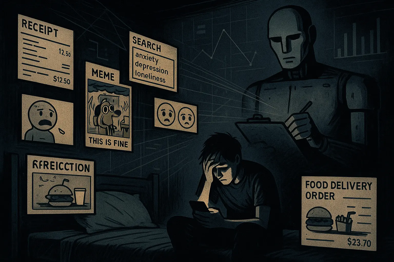 Person in dark room stares at phone as shadowy figure looms, surrounded by screens of anxious data.