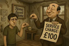 Cartoon man smiling with a service charge £100 sign.