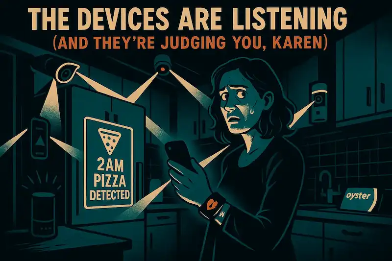 Worried woman in kitchen as surveillance devices project beams while she looks at her phone.