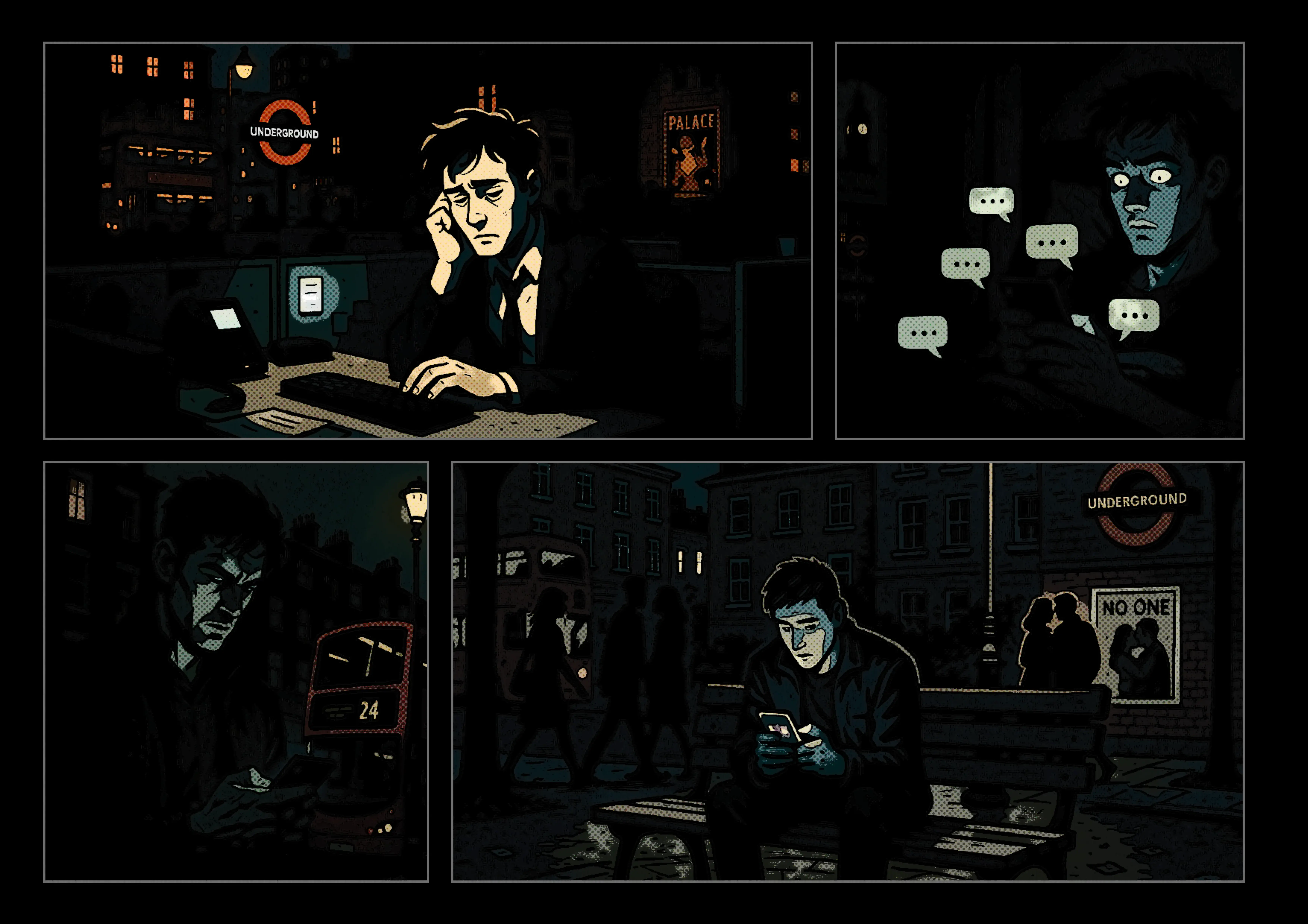  Comic panels of a lonely man in the city, highlighting modern urban isolation.