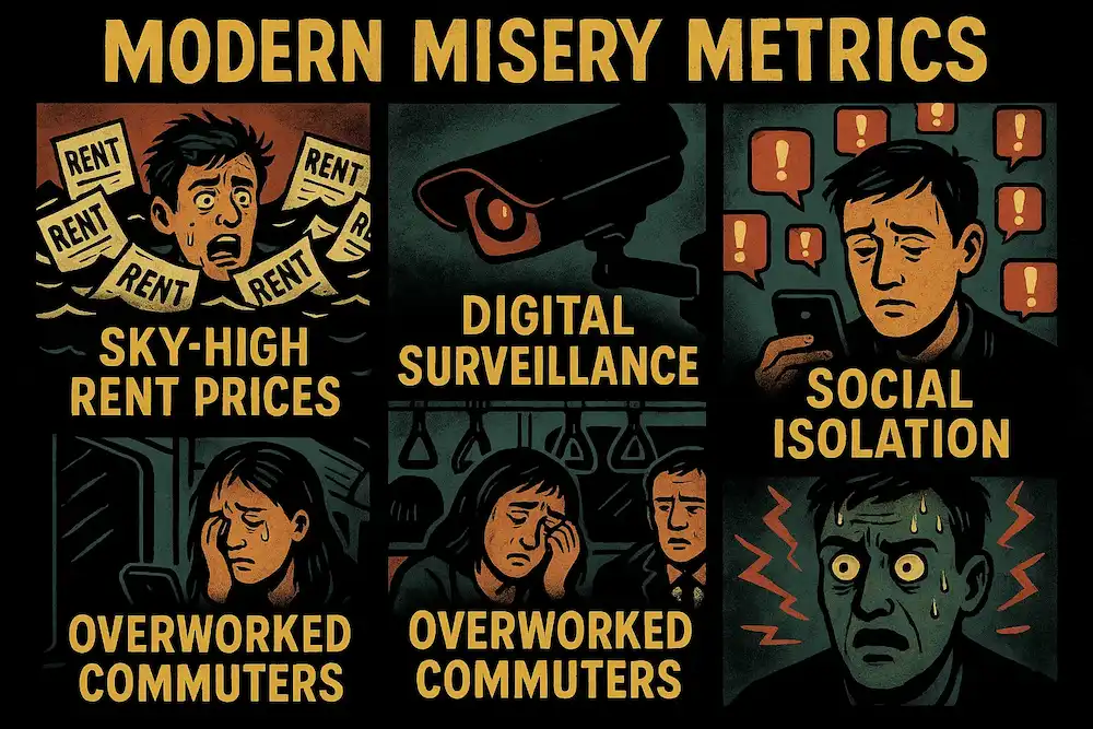 Infographic showing icons for rent, surveillance, isolation, and overwork.