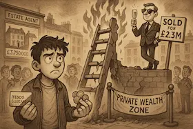 Man with Tesco Clubcard watches ladder burn as rich man toasts in £2.3M Private Wealth Zone.