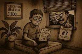 Man on mattress with £0 rent receipt as landlord shouts through window about inspection.