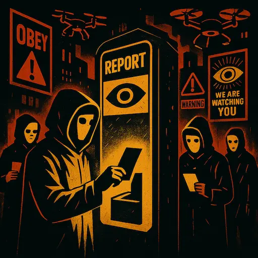 Masked figures submitting reports under surveillance signs and drones