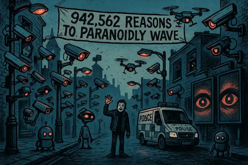 Nervous person on street watched by drones, cameras, and robots under surveillance banner.