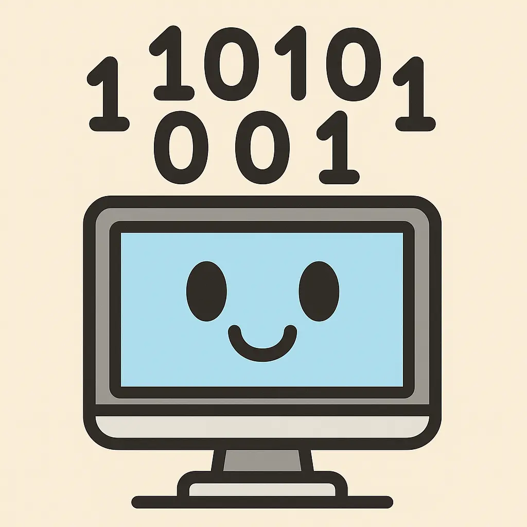 Smilling computer screen with binary code