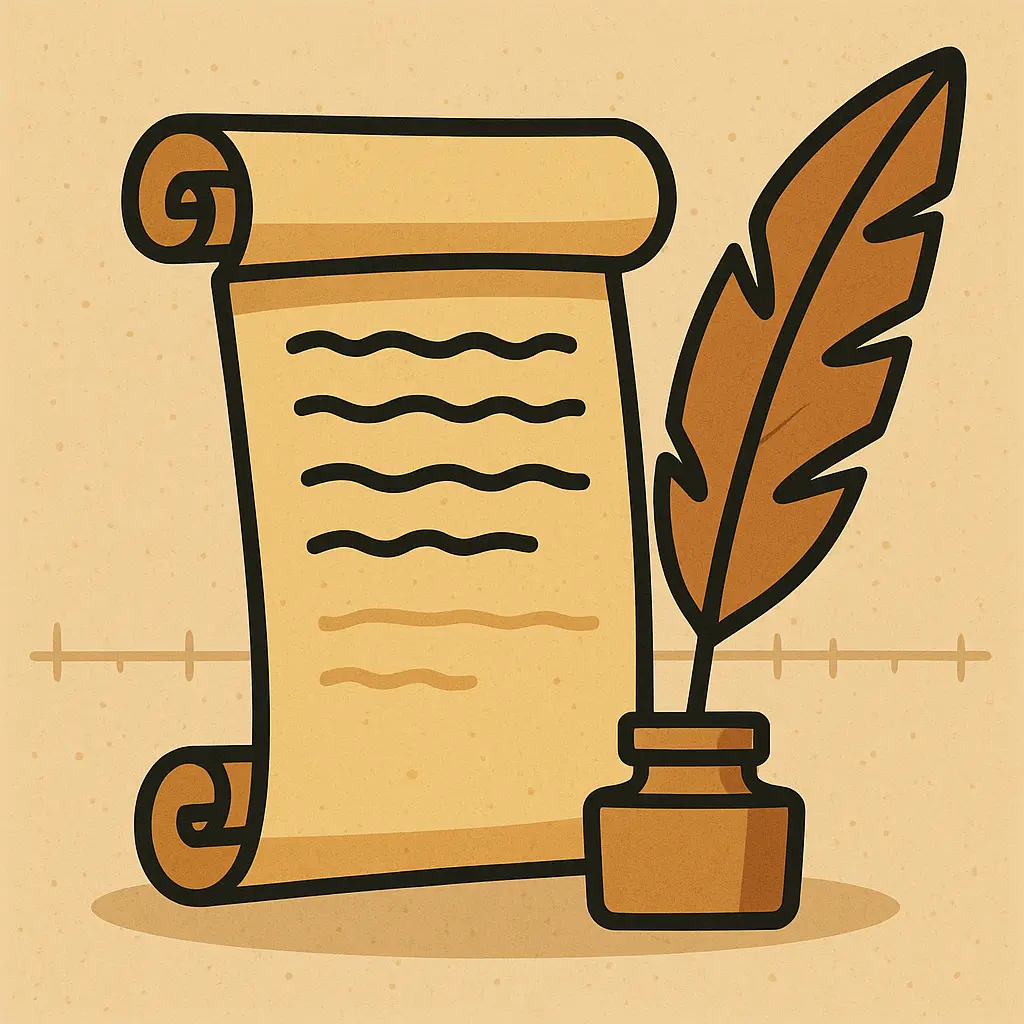 Rolled parchment scroll with feather quill
