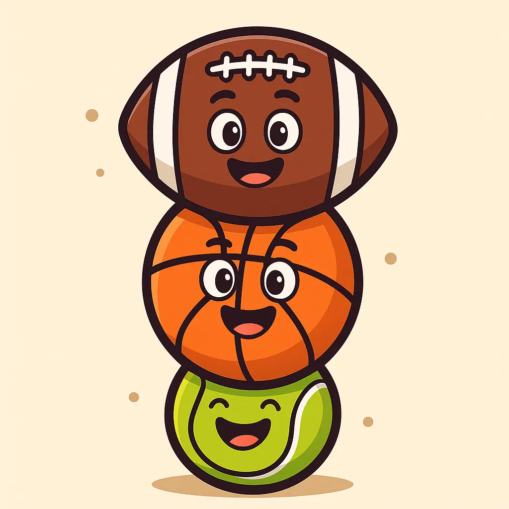 Stacked sports balls - football, basketball, tennis